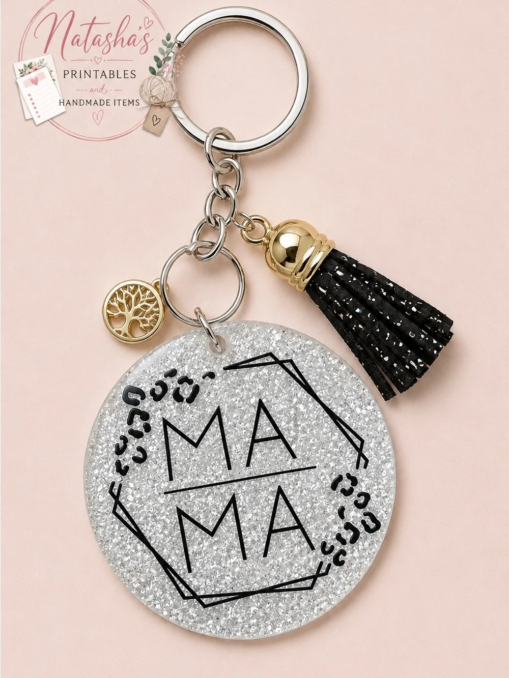 Silver Glitter 'MAMA' Keychain with Black Tassel